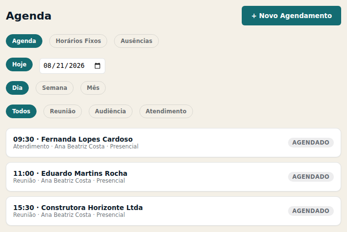 Tela de Agenda, com compromissos do dia