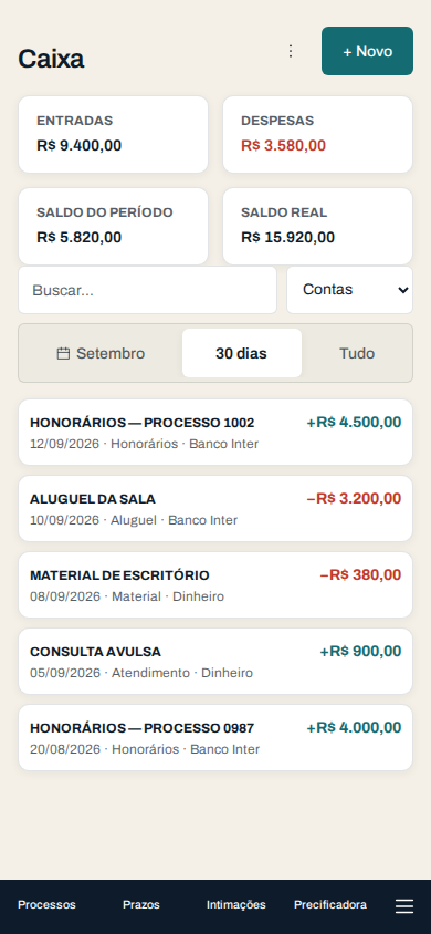 A mesma tela de Caixa no celular