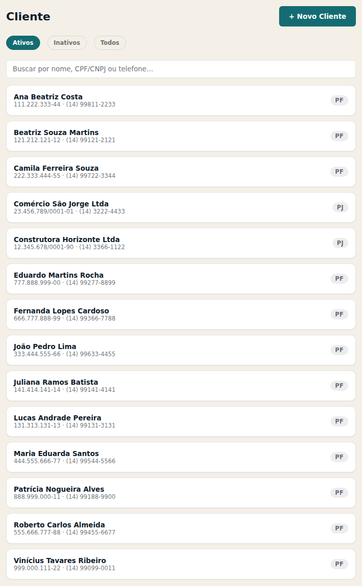 Tela de Cliente, com a lista de clientes cadastrados