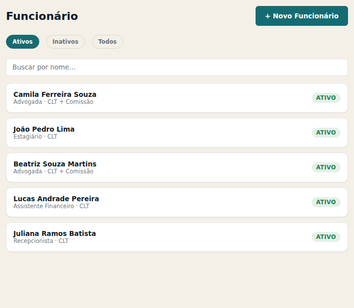 Tela de Funcionário, com a equipe cadastrada
